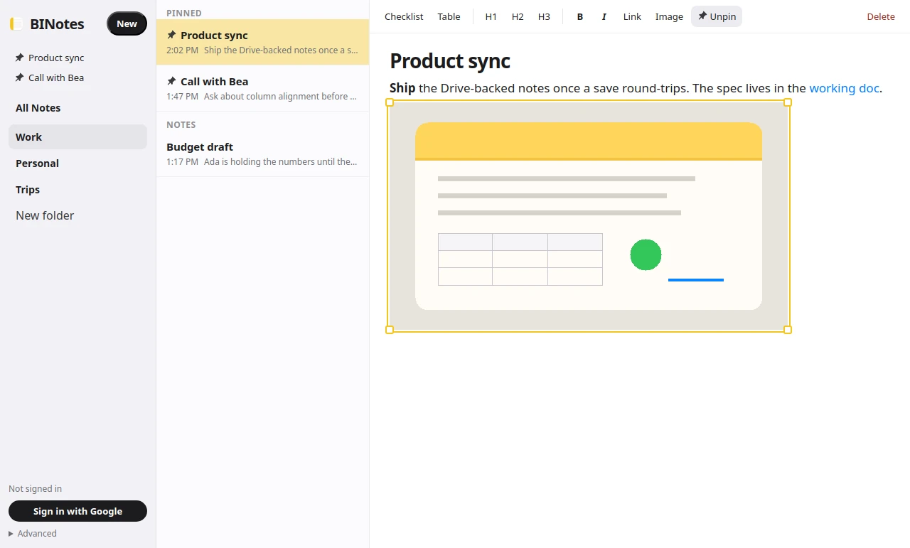 The BINotes app on Mac: a sidebar with folders and pinned notes, a list of notes, and a note called Product sync with a link and a resizable image.